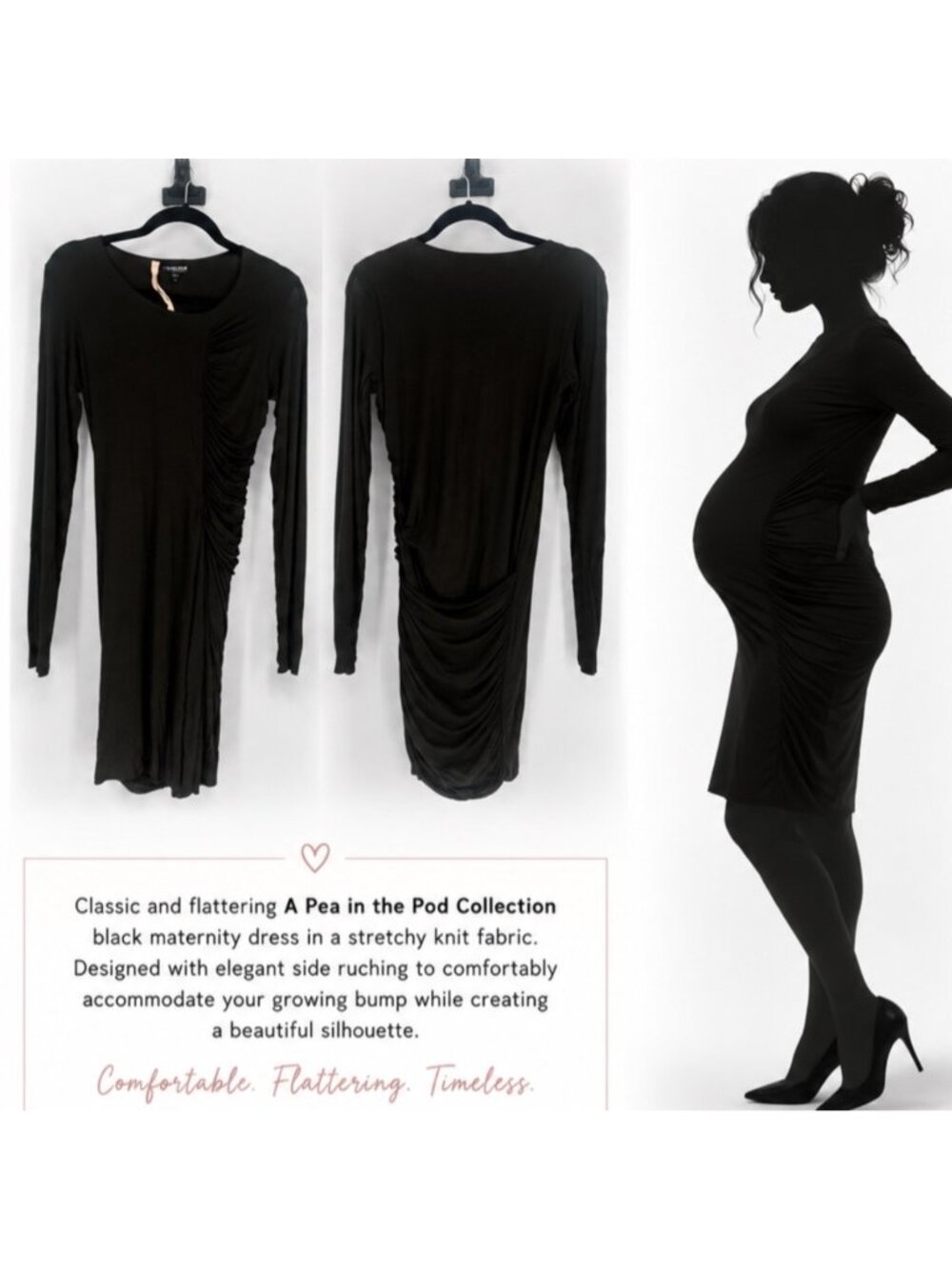 A Pea in the Pod Maternity Dress Small Black Ruched Bodycon Long Sleeve Stretch